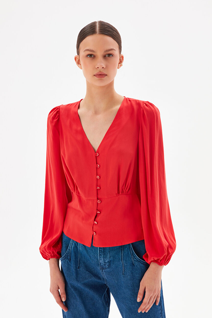 Red Button Fronted V-Neck Blouse 11539685006-006 adL