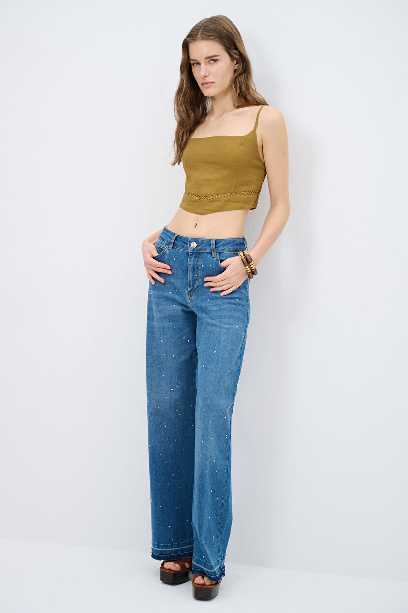 Olive Nakış Detaylı Askılı Crop Bluz 11544921000-871 | adL