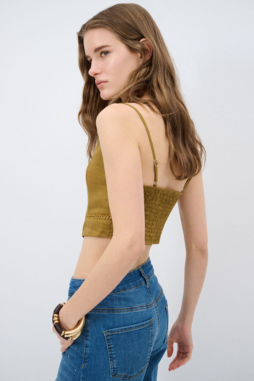 Olive Nakış Detaylı Askılı Crop Bluz 11544921000-871 | adL