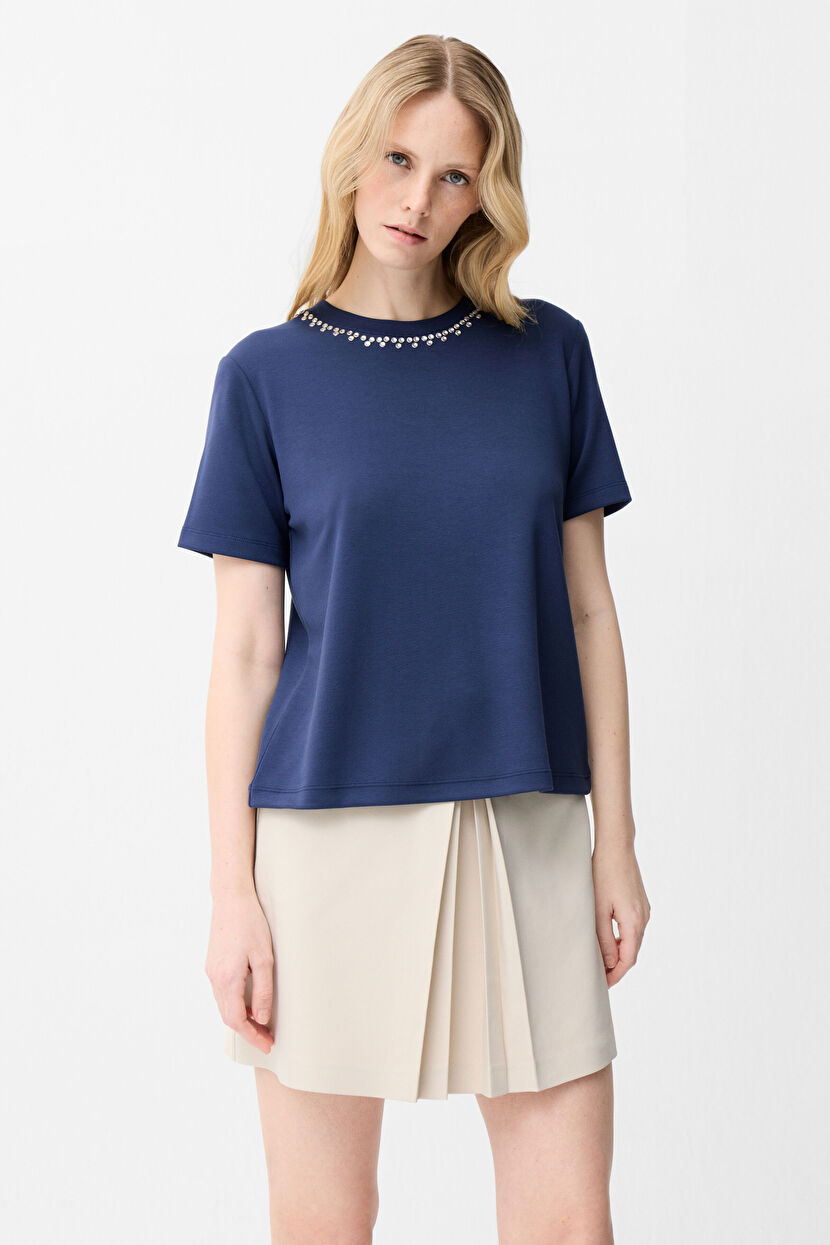 Navy Blue Blouse with a Stone Collar 11546875000-018 | adL