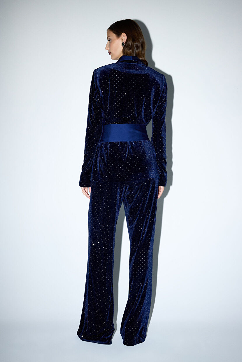 Navy Blue Satin Velvet Collar Jacket 11928579003-018 | adL