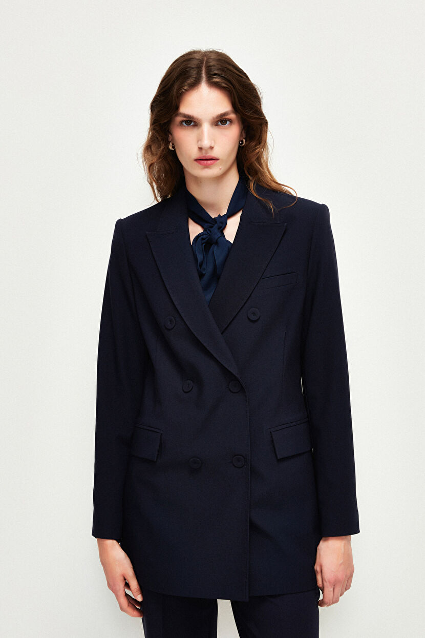 Navy Blue Double Breasted Seam Detailed Jacket 11942768000-018 | adL