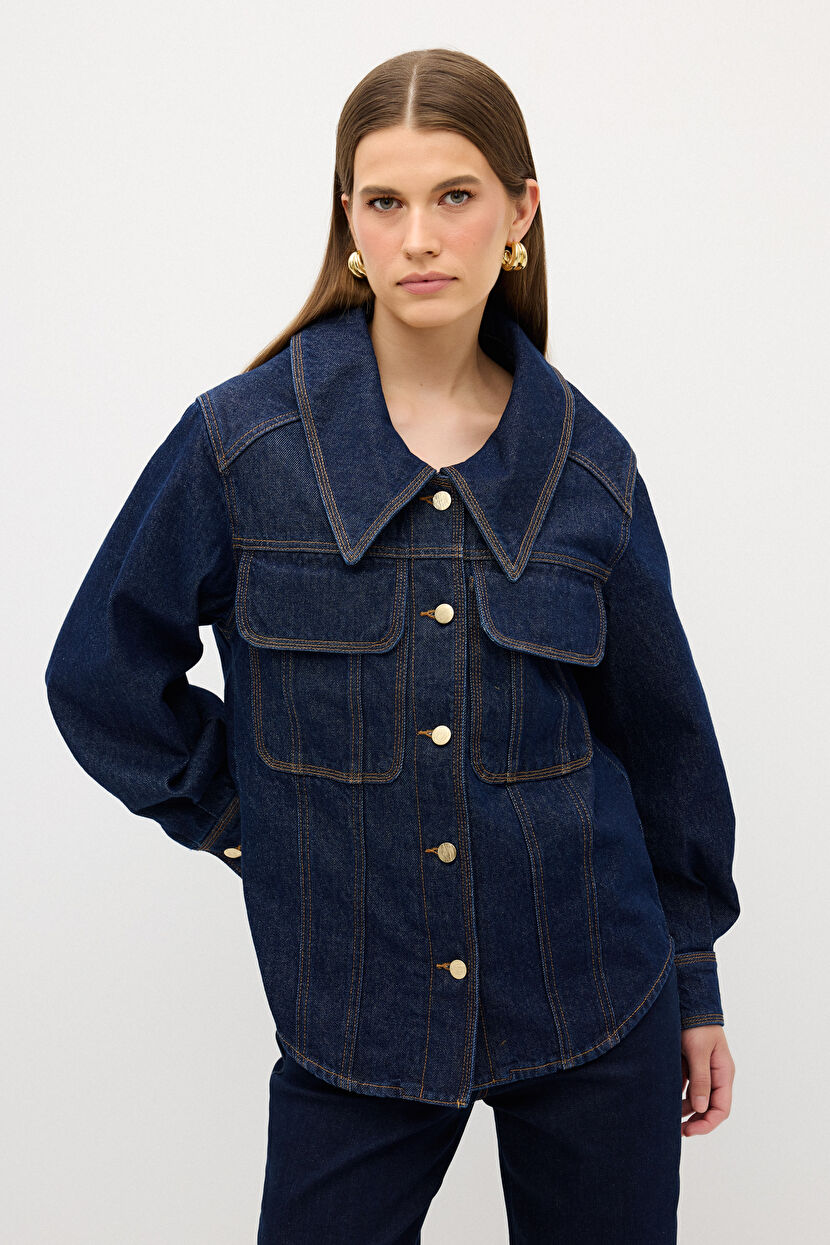 Navy Blue Denim Jacket with Stitching Detail 11944428000-018 | adL