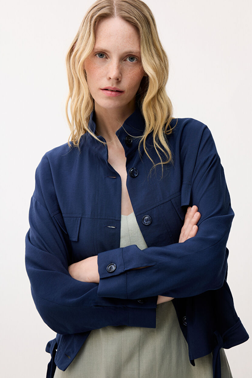 Navy Blue Belted Jacket with Pocket Flaps 11944870000-018 | adL