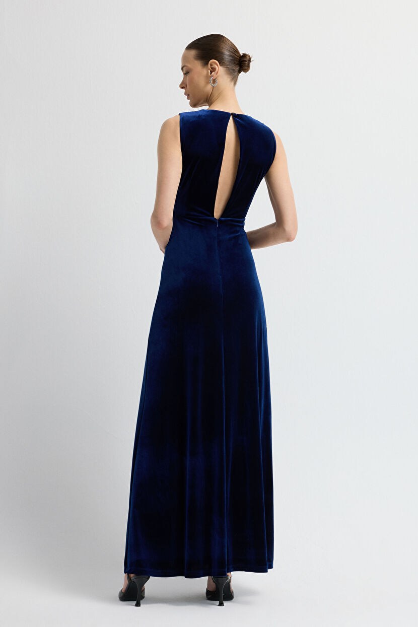 Navy Blue V Neck Long Velvet Dress 12444483001-018 | adL