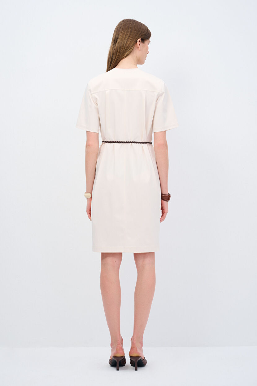 Beige V Neck Short Sleeve Cargo Pocket Dress 12444917000-011 | adL