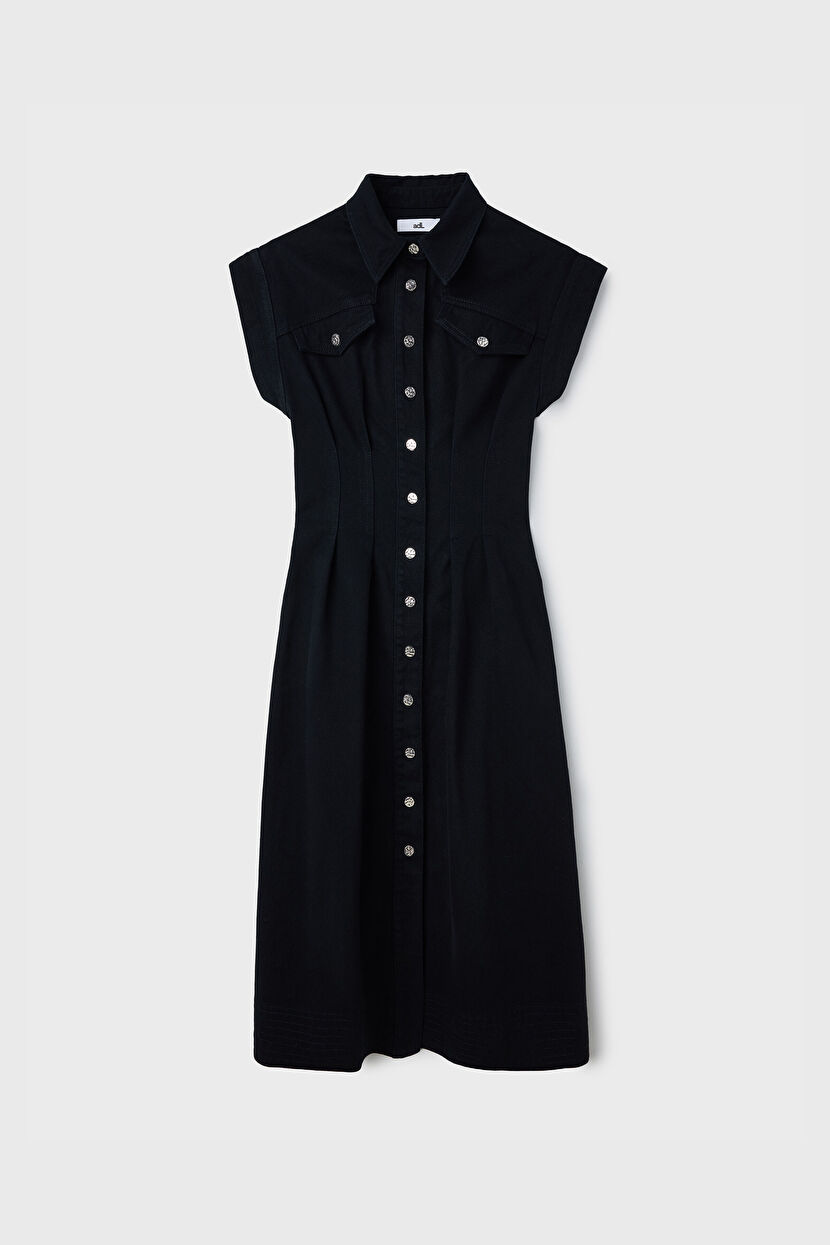 black denim dress white stitching 1980s Black Denim Bustier Dress