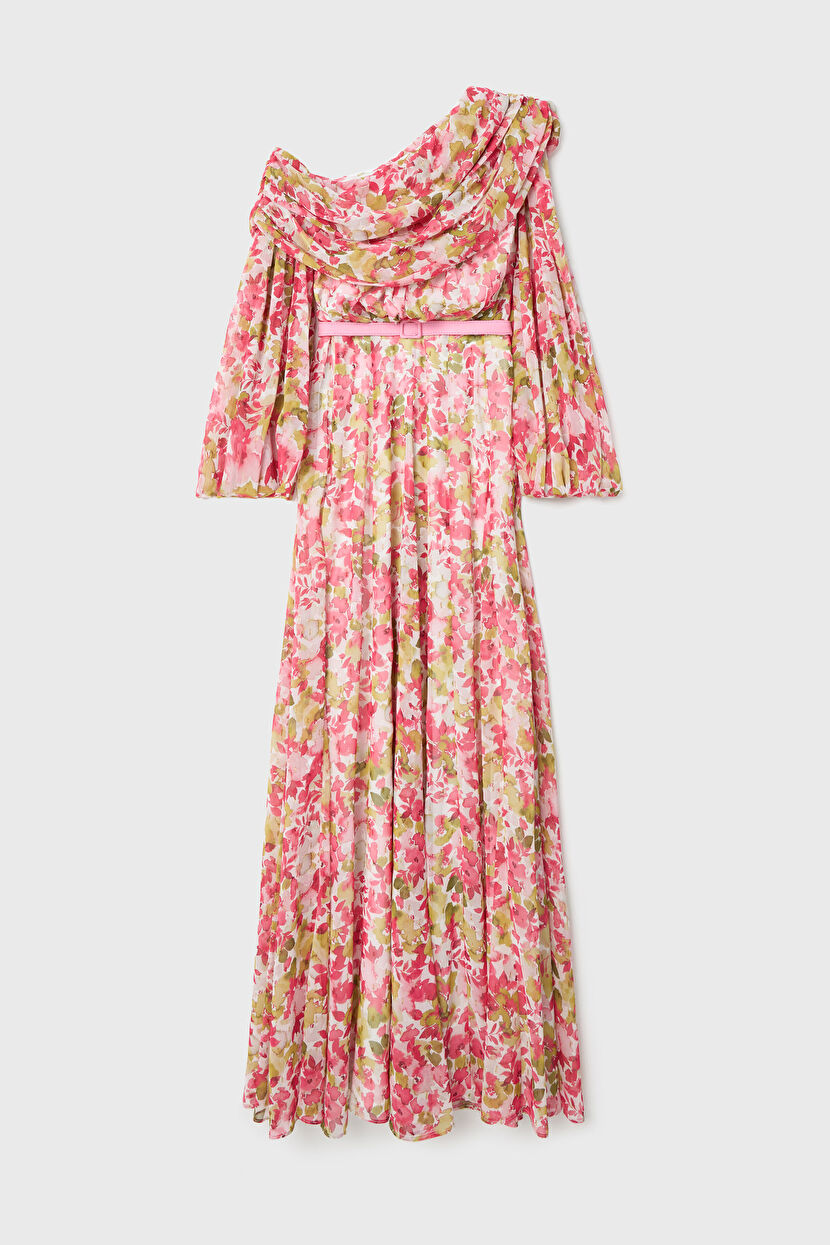 Pink Patterned Long Chiffon Dress 12445269000-207 | adL