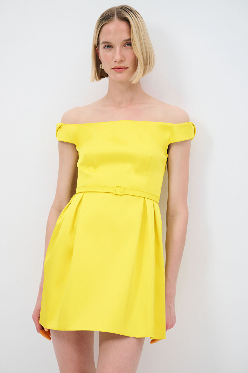 Yellow Off Shoulder Mini Taffeta Dress 12445341000-004 | adL