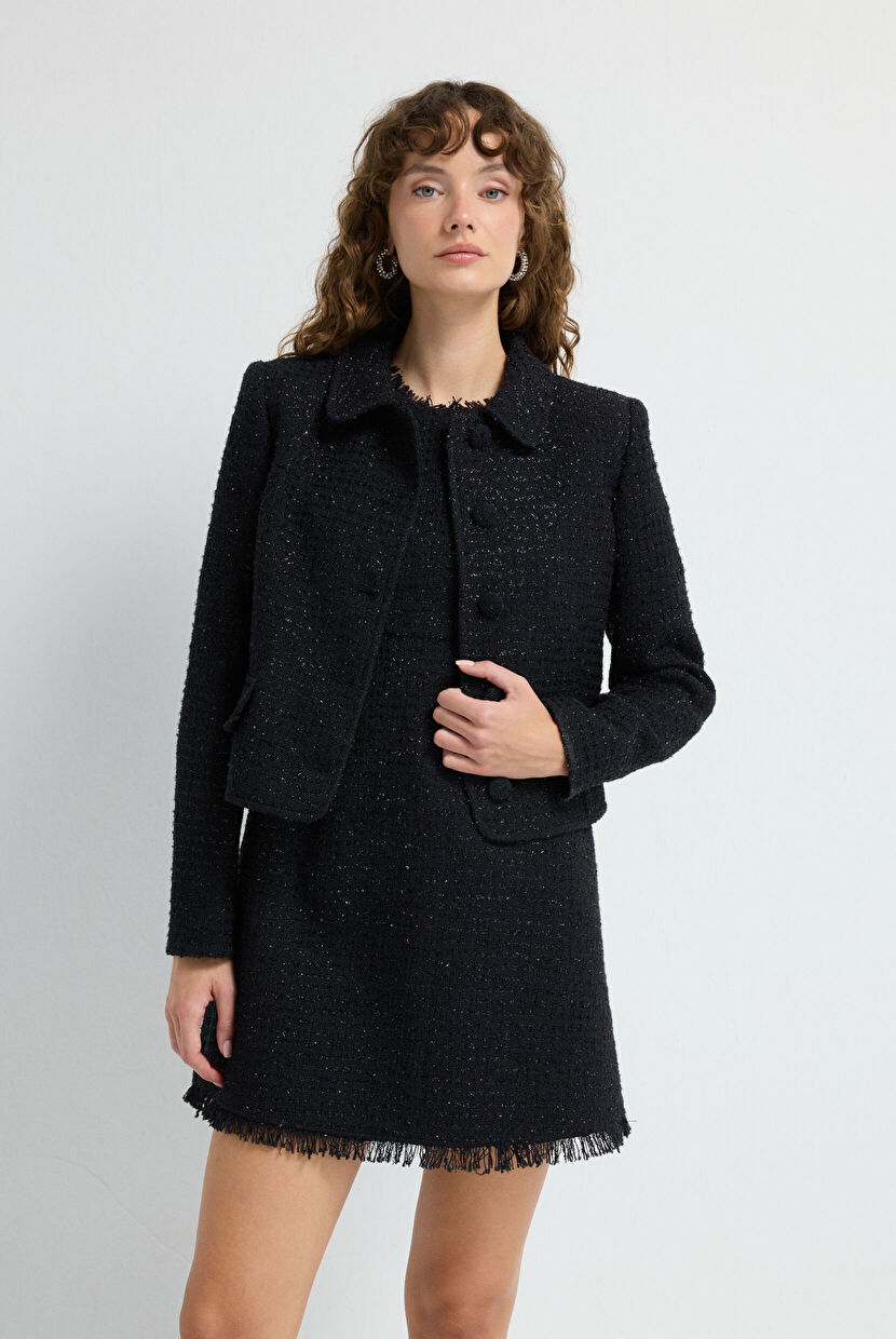 Black Short Sleeve Tweed Dress 12445863000-001 | adL