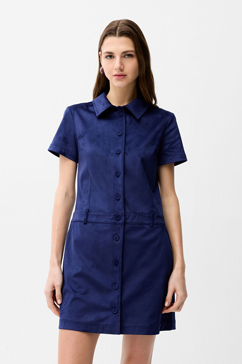 Navy Blue Short Sleeve Suede Dress 12446175000-018 | adL