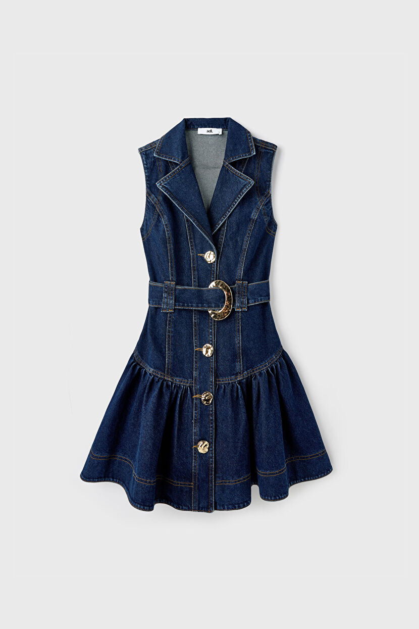 Navy Blue Buttoned Front Denim Dress 12446645000-018 | adL