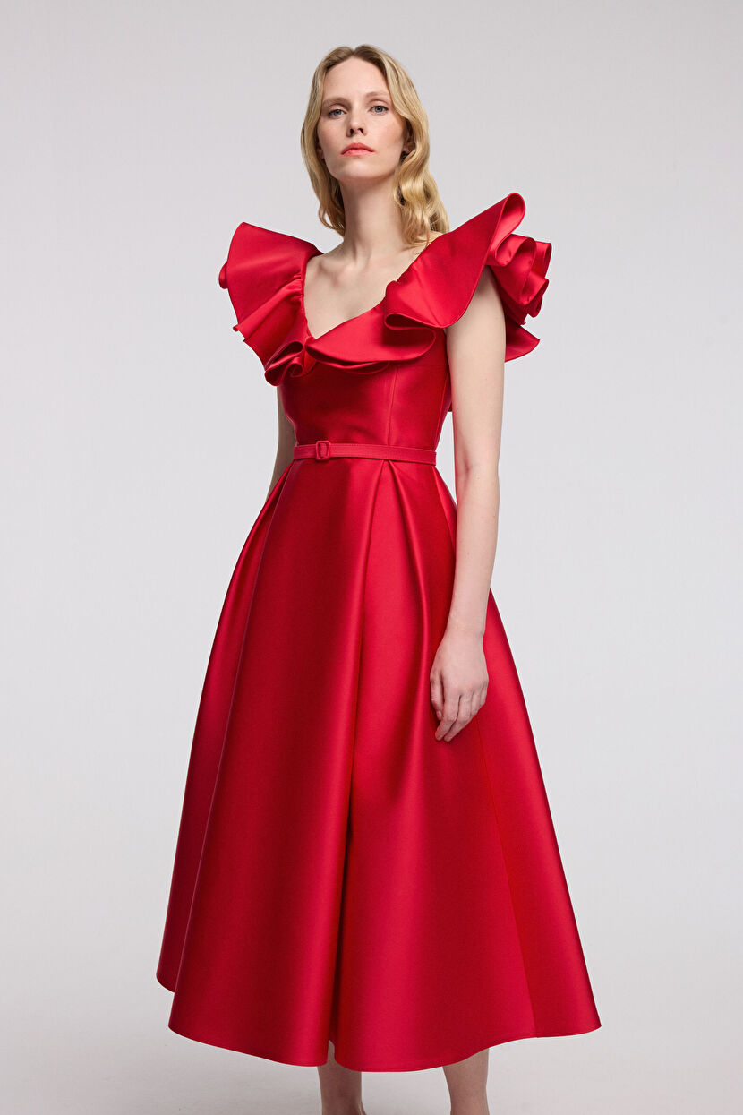 Red Midi Dress with Ruffled Neckline 12446915000-006 | adL