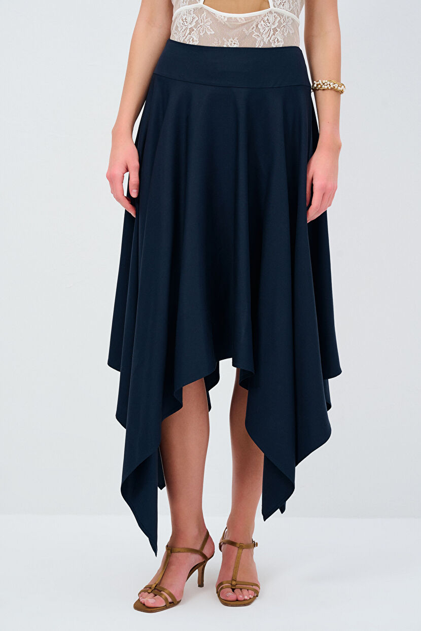 Navy Blue Asymmetrical Long Skirt 127M2185000-018 | adL