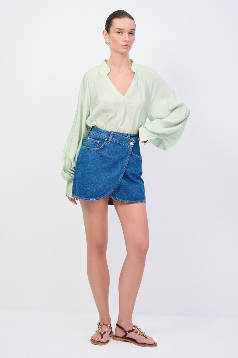 Navy Blue Asymmetric Mini Denim Skirt 127M2198000-018 | adL
