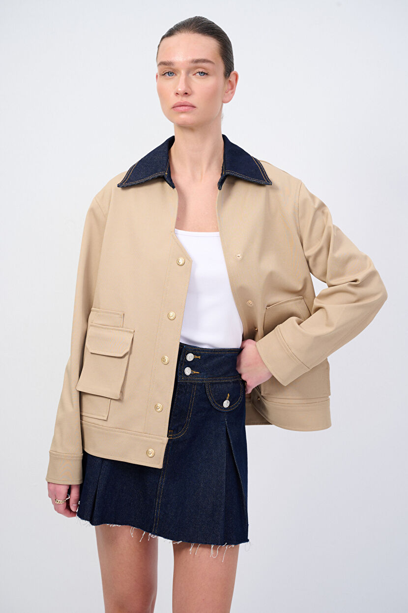 Navy Blue Denim Skirt with Pocket Detail