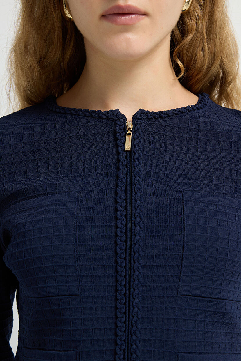 Navy Blue Pocket Detailed Zippered Knitwear Cardigan 13445591000
