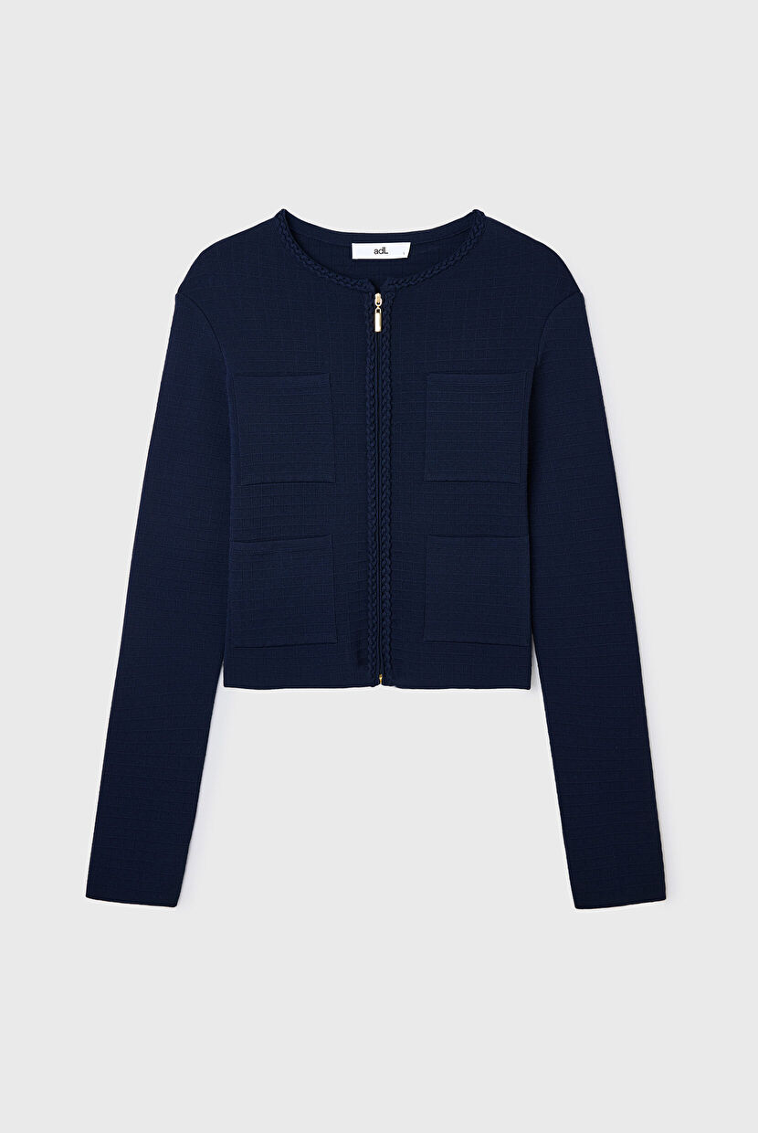 Navy Blue Pocket Detailed Zippered Knitwear Cardigan 13445591000