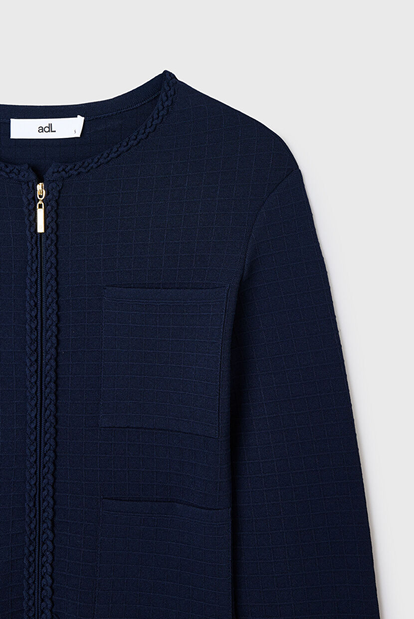 Navy Blue Pocket Detailed Zippered Knitwear Cardigan 13445591000