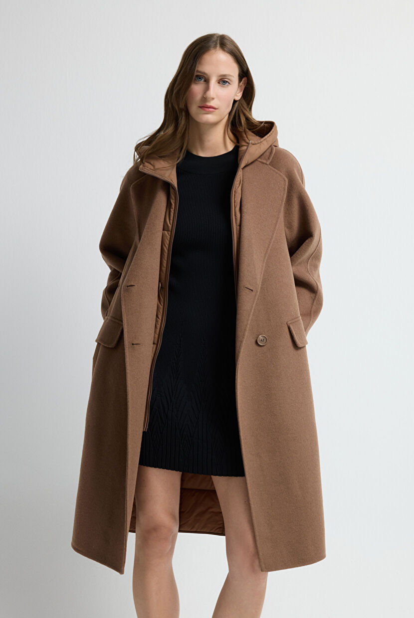Brown Hooded Garnished Coat 13644082000-010 | adL