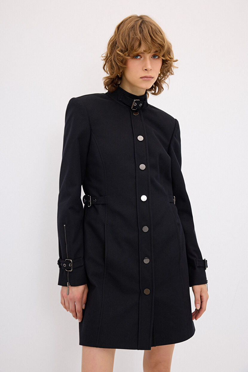 【blank】Hide Inside Double Coat Black Zipper Detailed Coat 13644329000-001 | adL