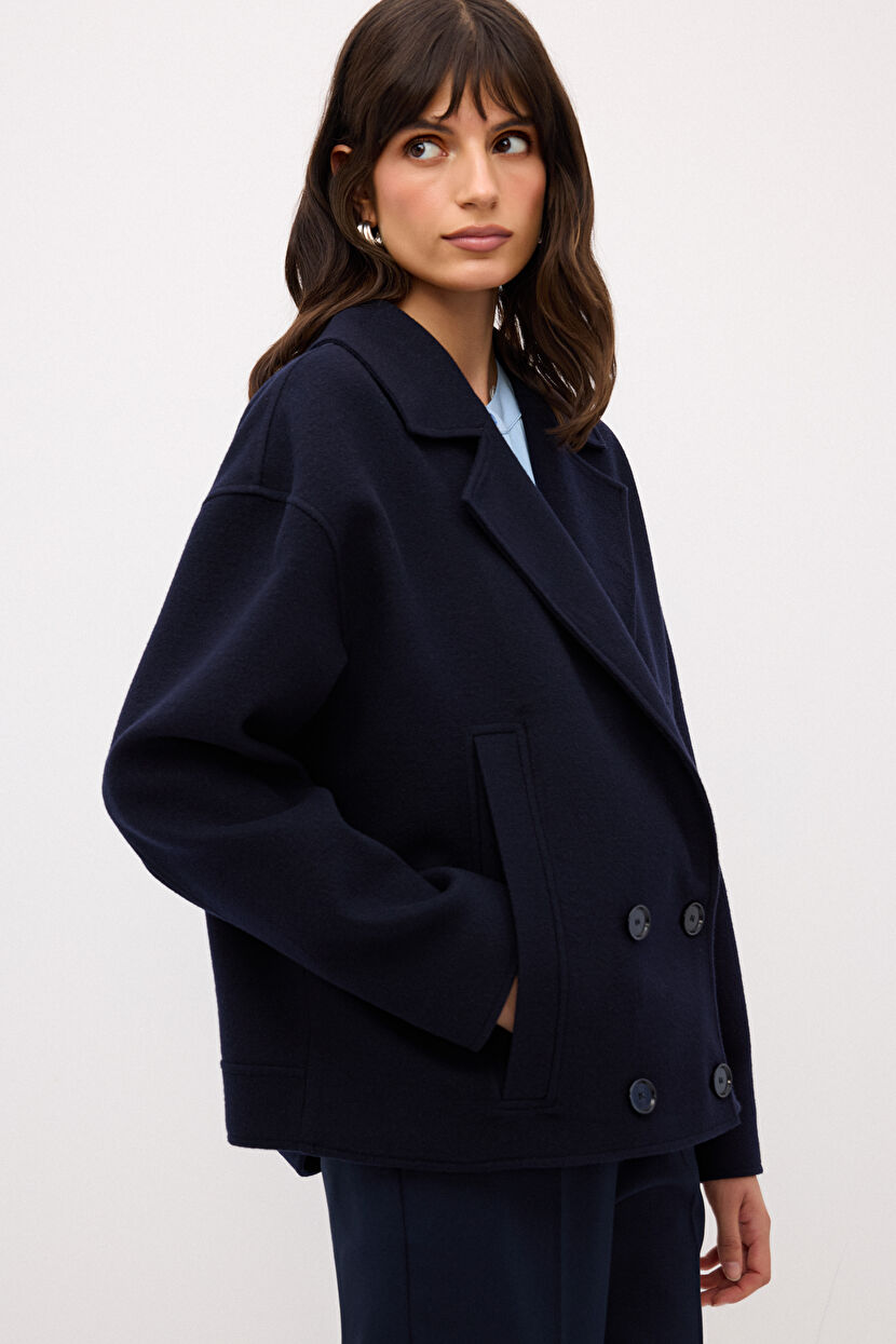 Navy Blue Double Breasted Short Coat 13644332000-018 | adL