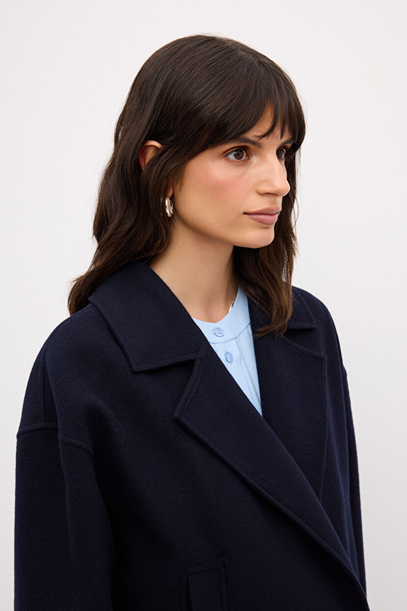 Navy Blue Double Breasted Short Coat 13644332000-018 | adL