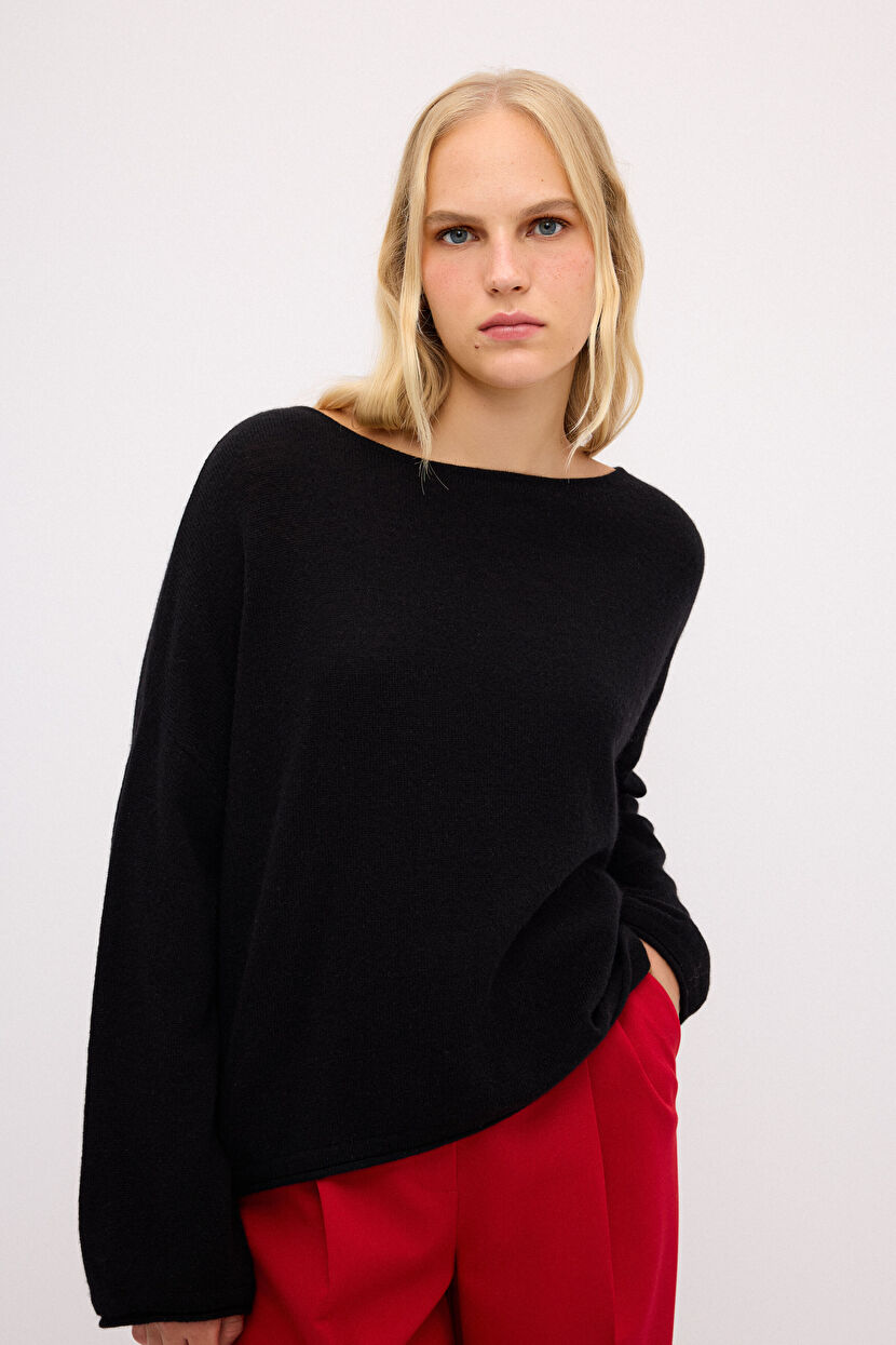 Siyah Kaşmir Karışımlı Oversize Triko Kazak 13944056000-001 | adL