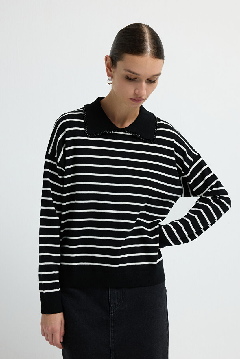 邦楽 ILY3000 Siyah İnci Detaylı Triko Kazak 13945630000-001 | adL