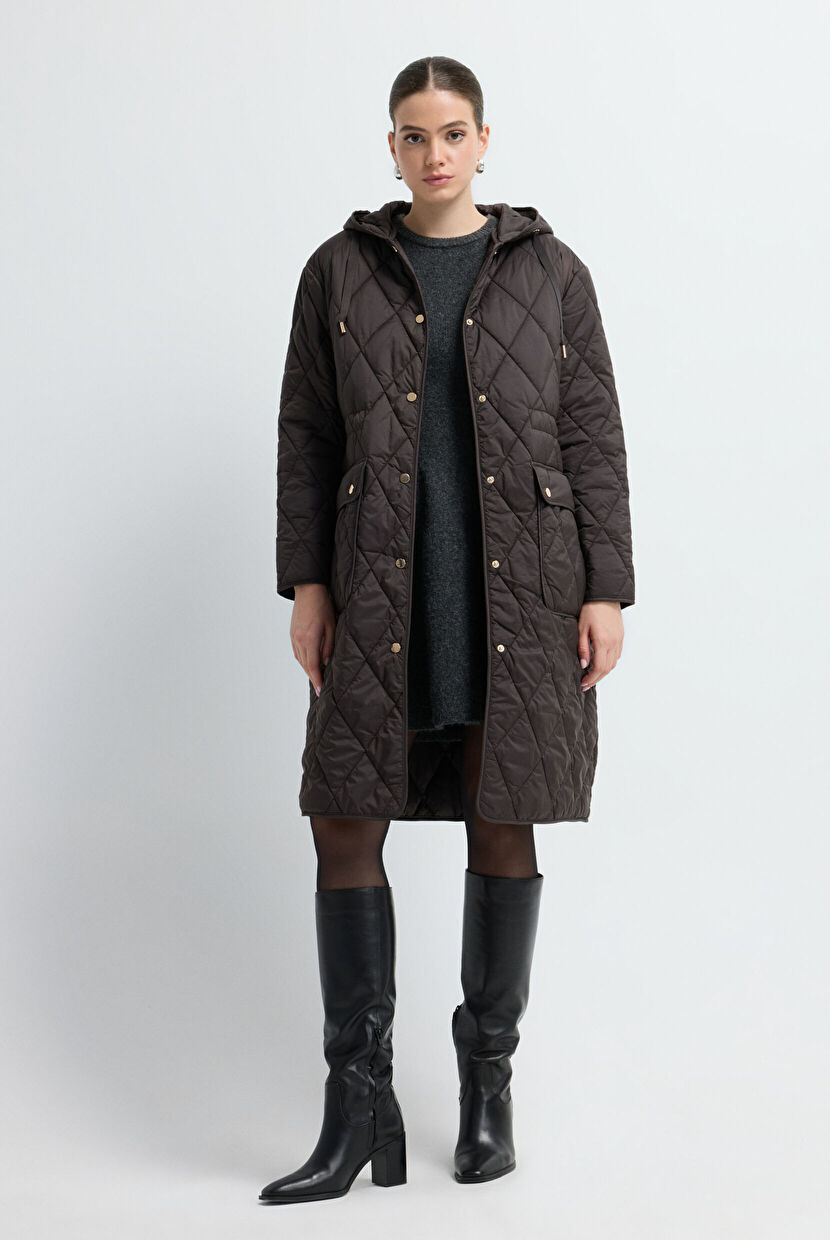 Brown Quilted Long Coat with Hood 15245281000-010 | adL