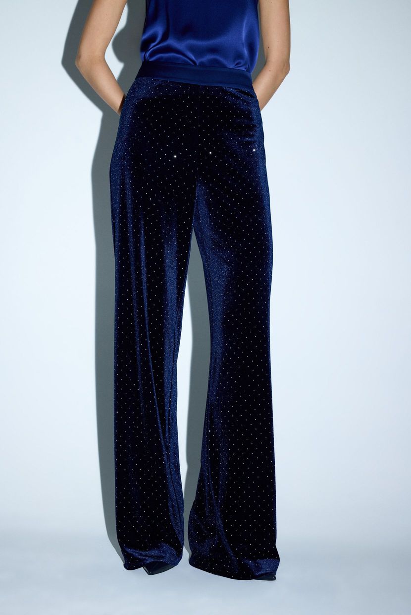Navy Blue Waist Satin Velvet Trousers 15330204004-018 | adL