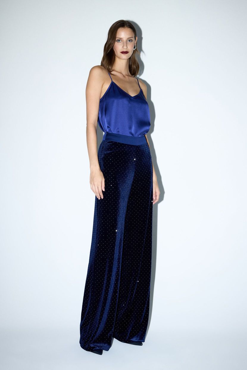 Navy Blue Waist Satin Velvet Trousers 15330204004-018 | adL