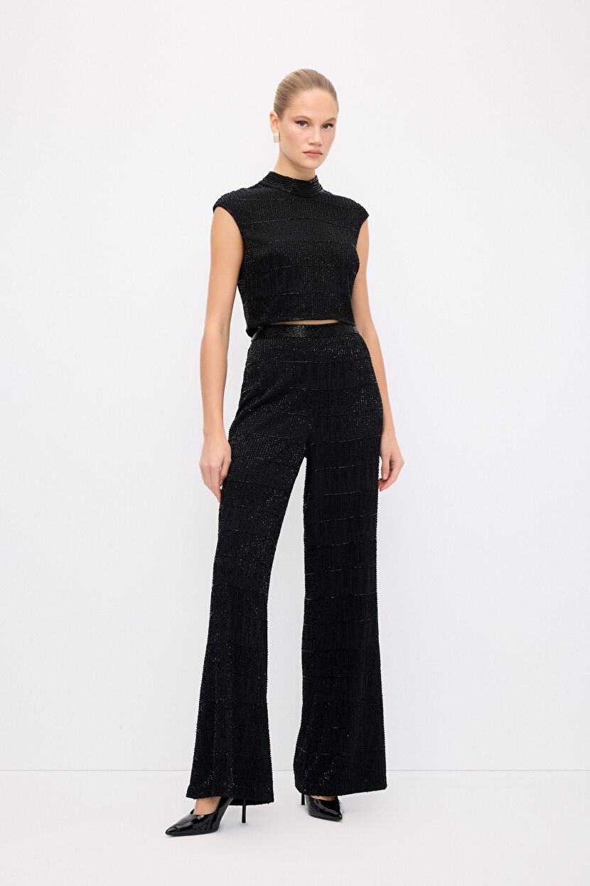 【ルナ】 Siyah Night Zoom Bol Paça İşlemeli Pantolon 15344625000-001 | adL