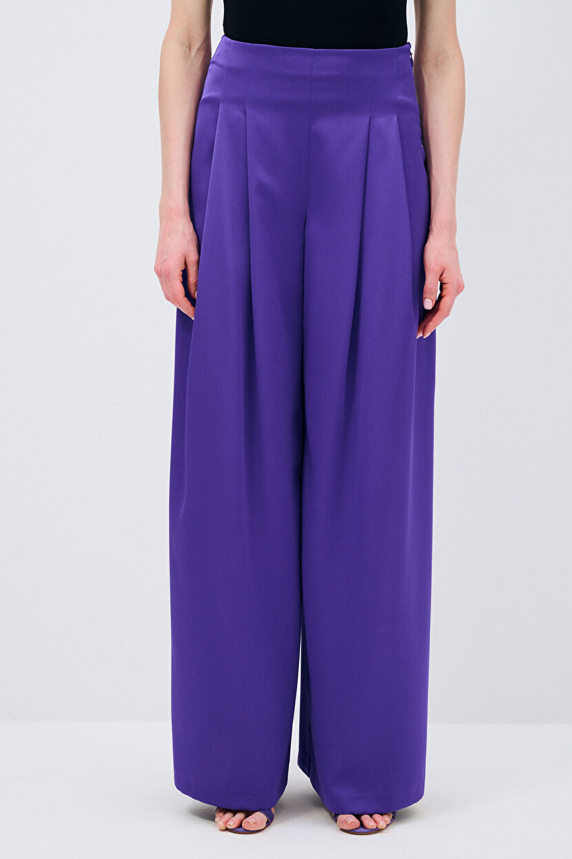 Purple Pleated Detailed Wide Leg Trousers 15345381000-013 | adL
