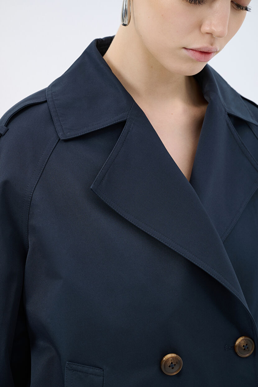 Navy Blue Buttoned Short Trench Coat 17844669000-018 | adL