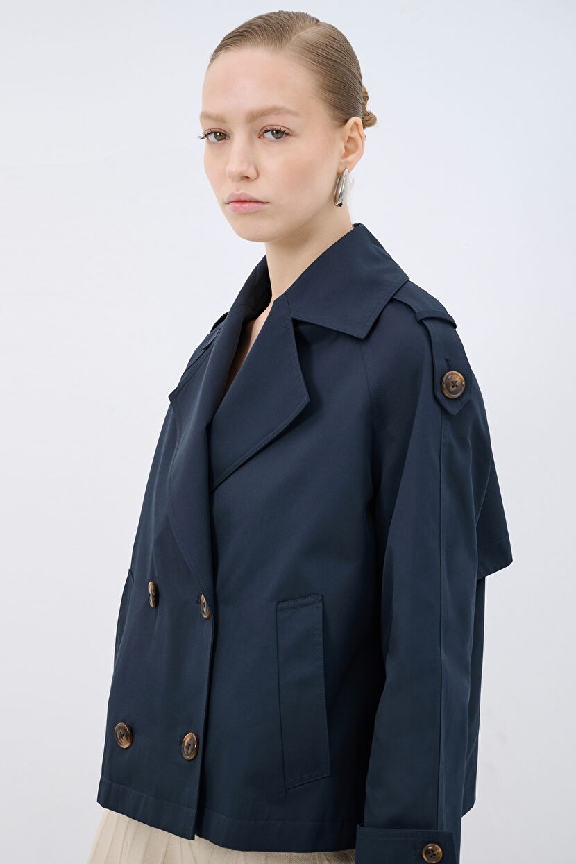 Navy Blue Buttoned Short Trench Coat