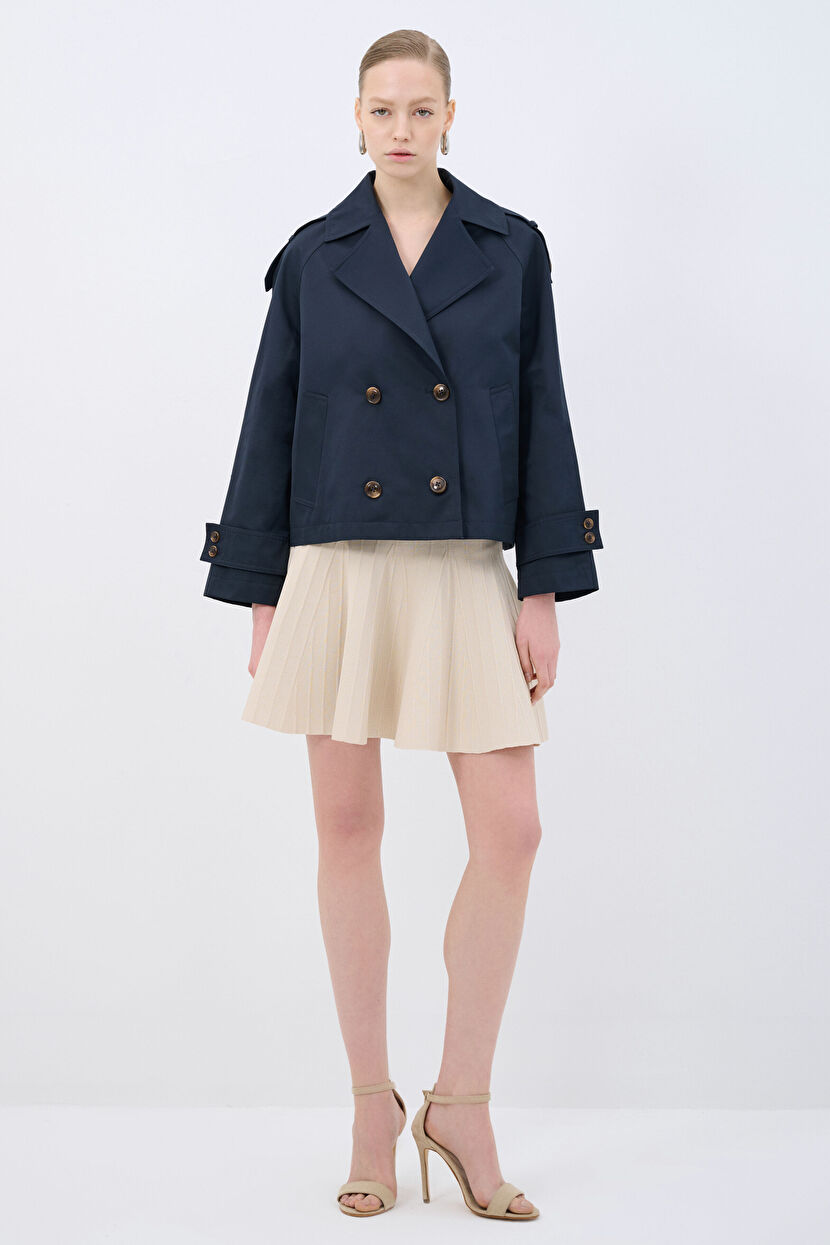 Navy Blue Buttoned Short Trench Coat 17844669000-018 | adL