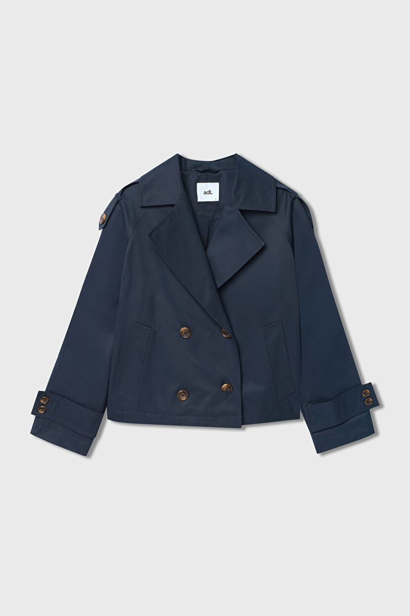Navy Blue Buttoned Short Trench Coat 17844669000-018 | adL