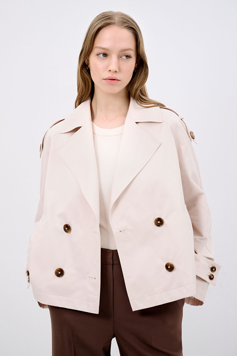 Grey Buttoned Short Trench Coat 17844669000-020 | adL