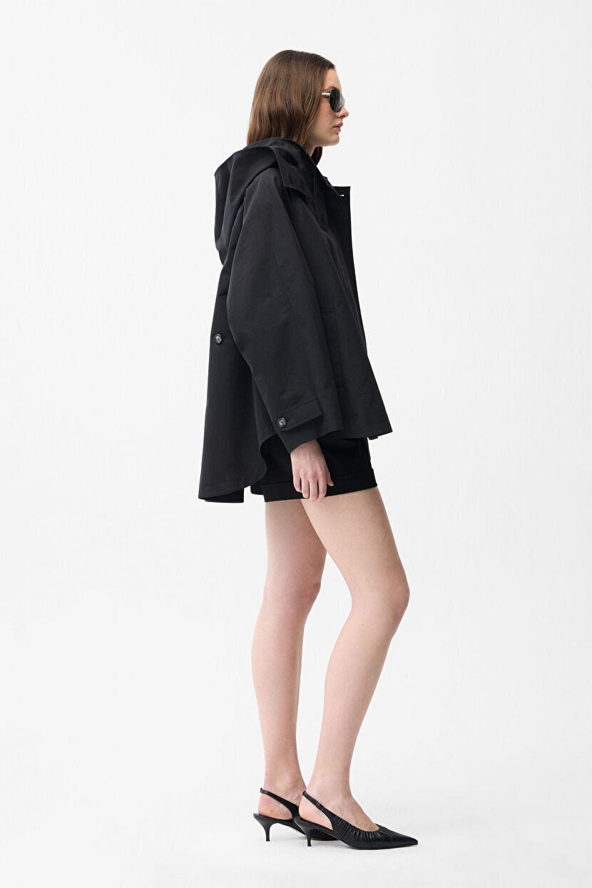 Black Hooded Short Trench Coat 17846385000-001 | adL