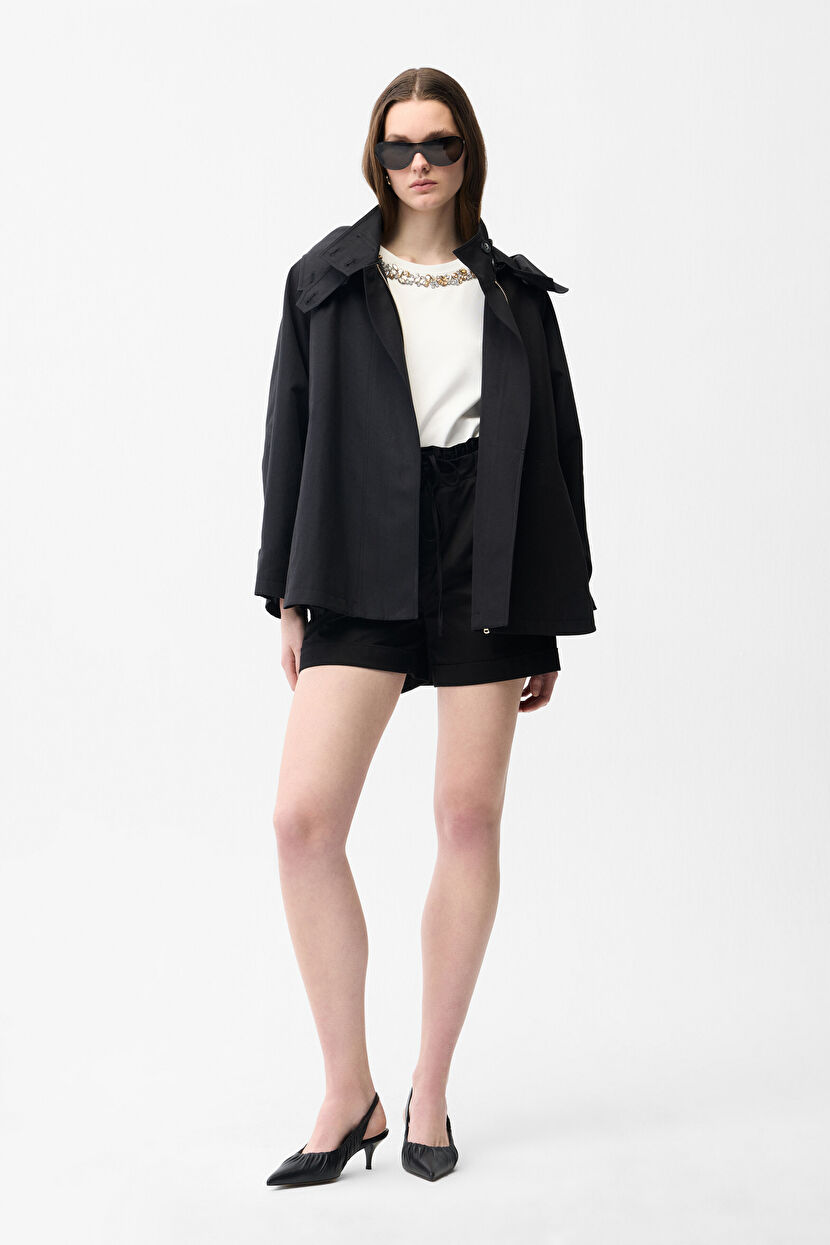 Black Hooded Short Trench Coat 17846385000-001 | adL