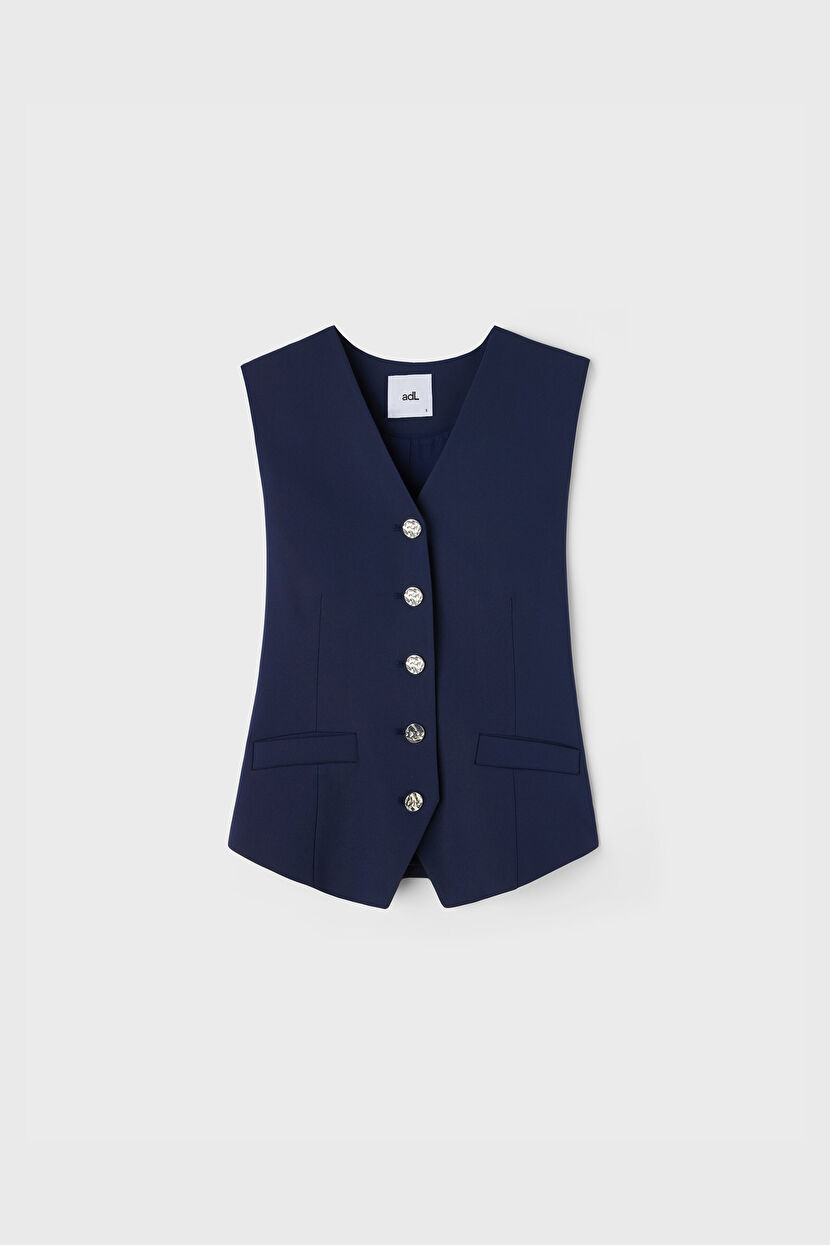 Navy Blue V-Neck Fleece Pocket Vest 17945091003-018 | adL