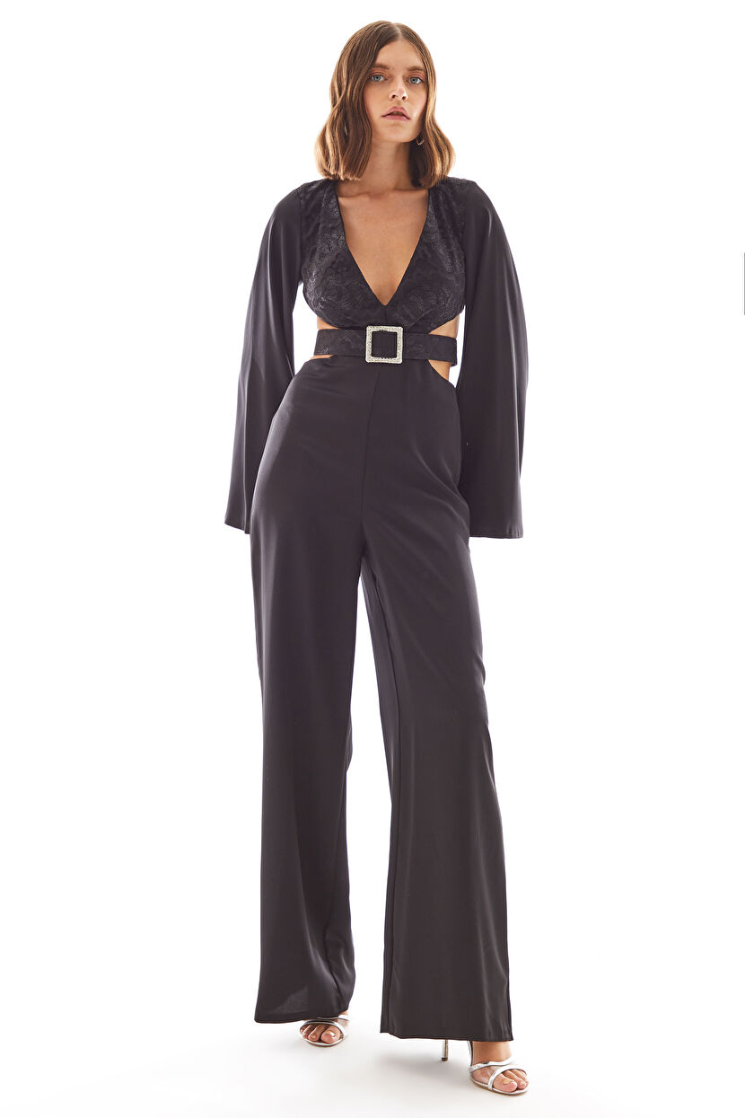 Siyah Night Zoom Pencere Detaylı Kemerli Tulum 18241470000-001 | adL